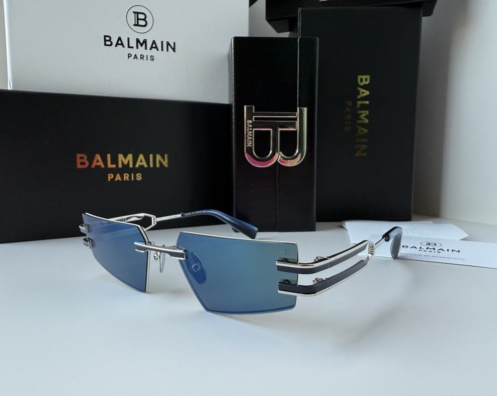 BALMAIN FIXE BPS-123-E SLV-BLU Silver Blue Mirror Rimless Sunglasses AUTHENTIC